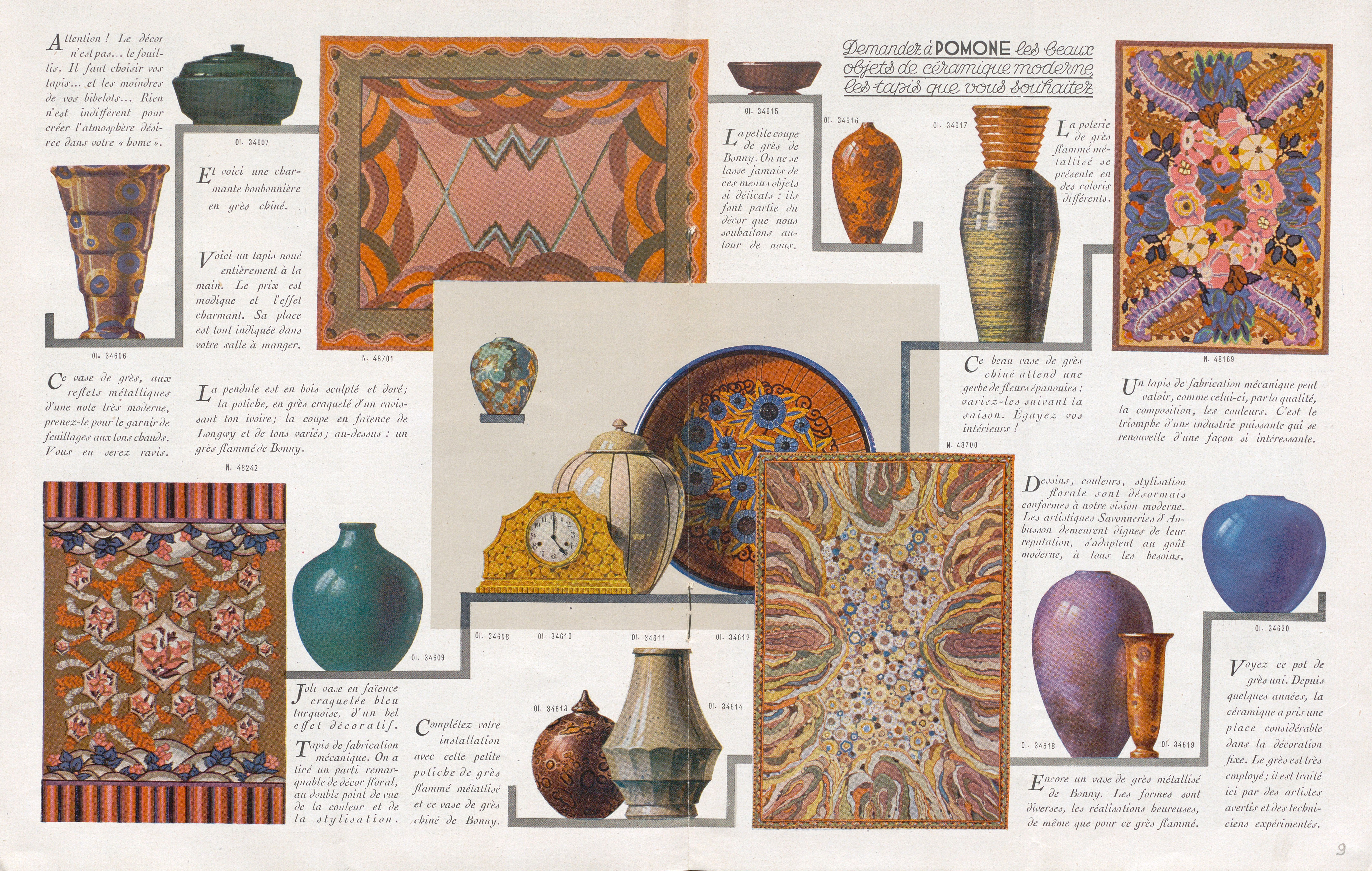 Double-page avec vases et tapis de l'Atelier Pomone illustrés en couleur